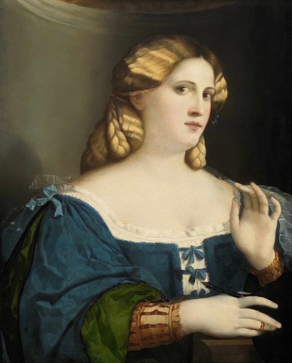 Young Woman in a Blue Dress, with Fan by Jacopo Palma il Vecchio the Elder