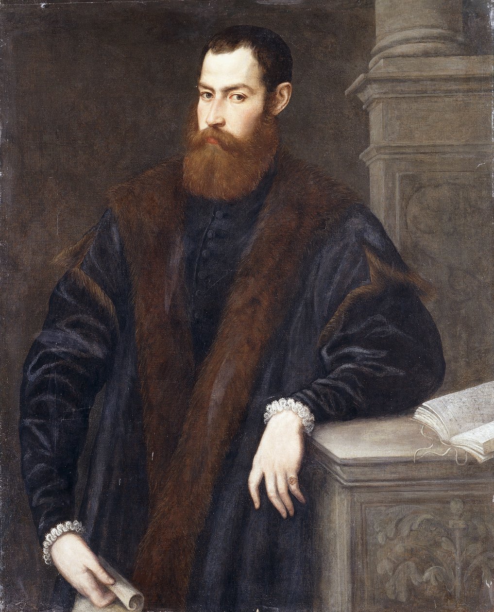 Portrait of a Gentleman, three-quarter length, in a fur-trimmed coat, holding a document and leaning against a pedestal by Jacopo Robusti Tintoretto