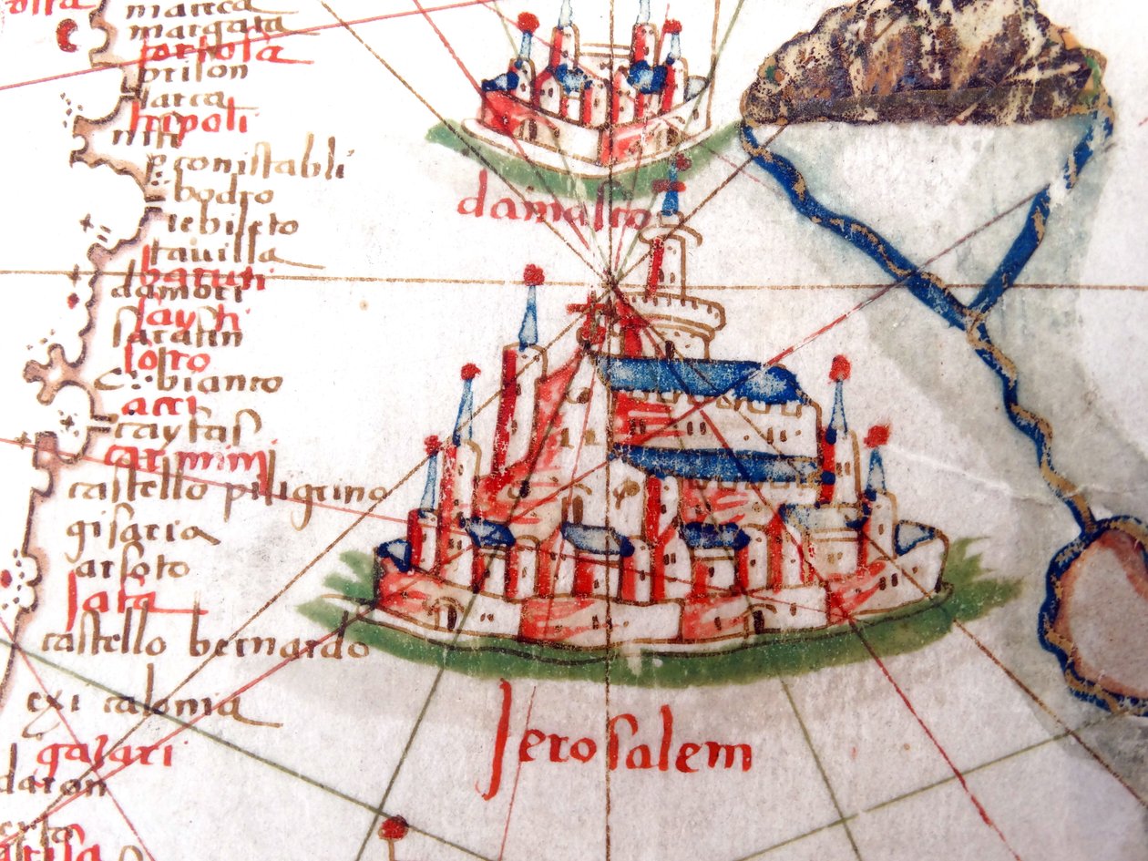 Jerusalem and Damascus (detail) from a Renaissance map of Europe, 1528 by Jacopo Russo