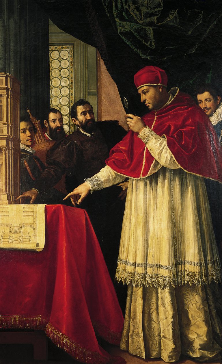 Michelangelo presenting models for the facade of San Lorenzo, the Laurentian Library and the Medici tombs to Pope Leo X and Cardinal Giulio de Medici by Jacopo da Empoli (and workshop)