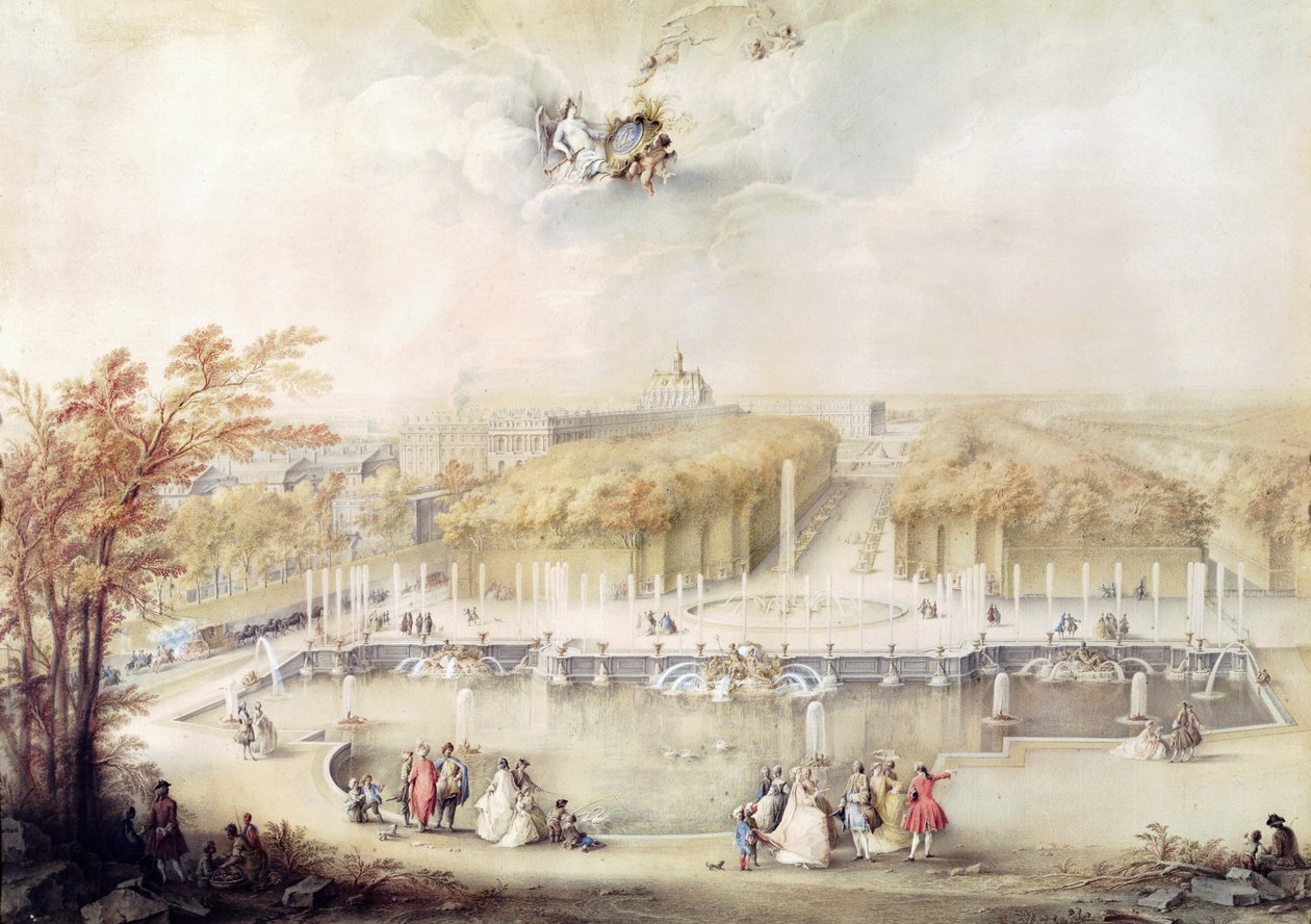 View of the Gardens and the Chateau of Versailles from the Neptune Fountain by Jacqes Andre Portail