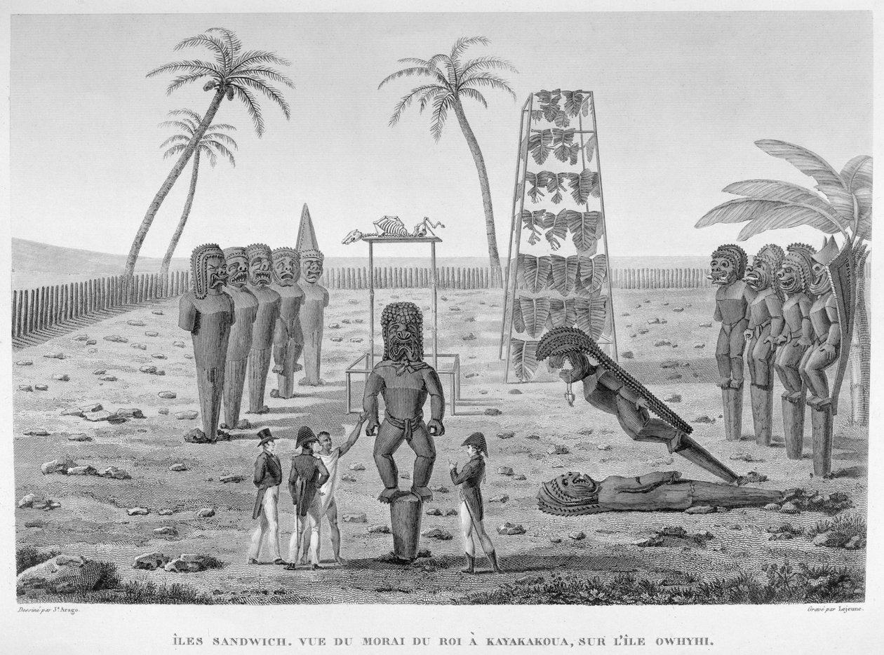 Sandwich Islands: View of the Morai of the King, at Kayakakoua on the Island of Owhyhi, from 
