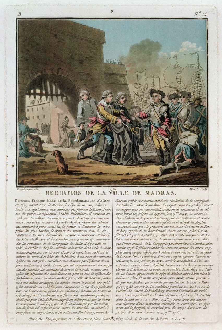 Surrender of the city of Madras, engraved by Jean Baptiste Morret by Jacques Francois Joseph Swebach