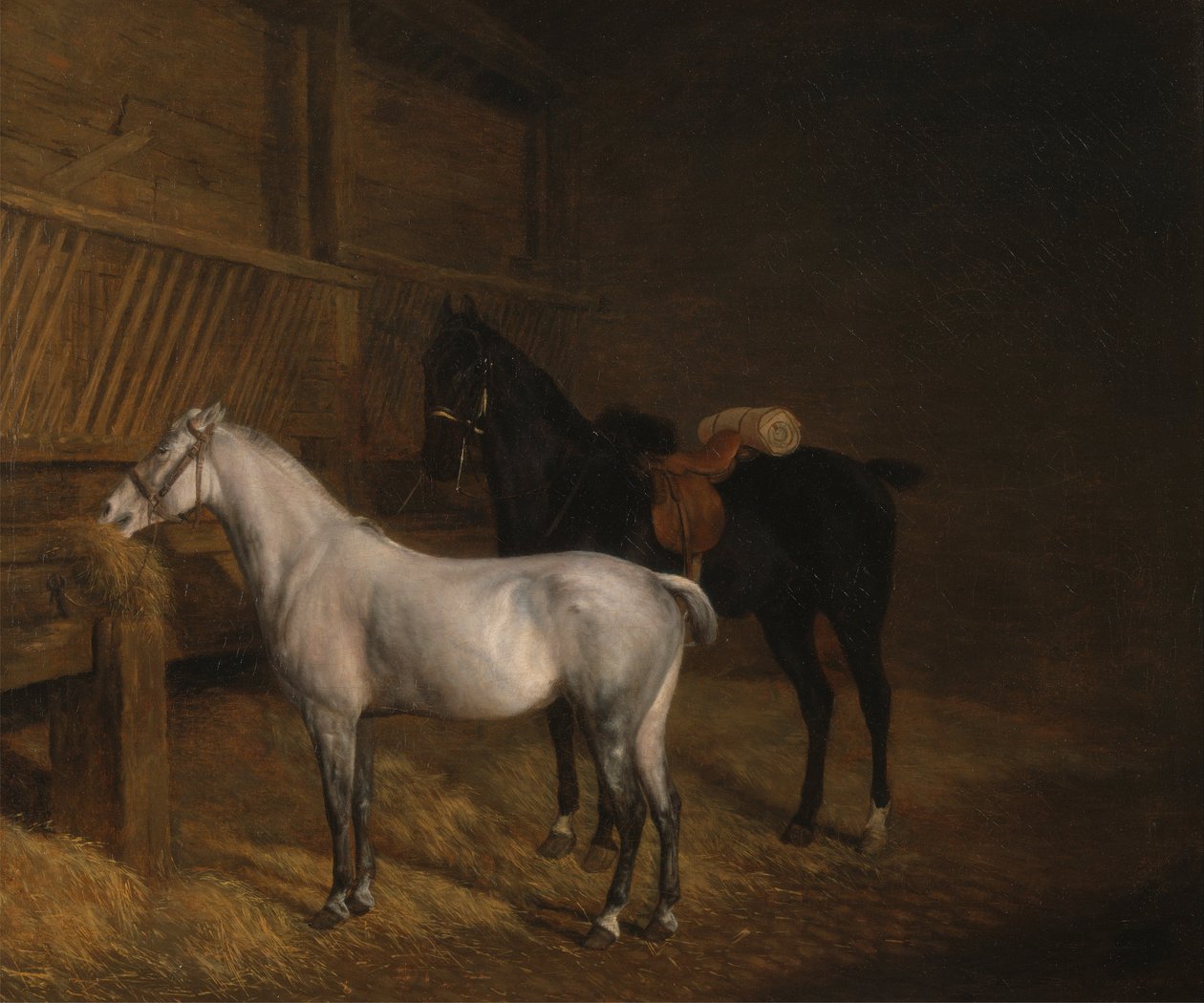 A Grey Pony and a Black Charger in a Stable by Jacques Laurent Agasse