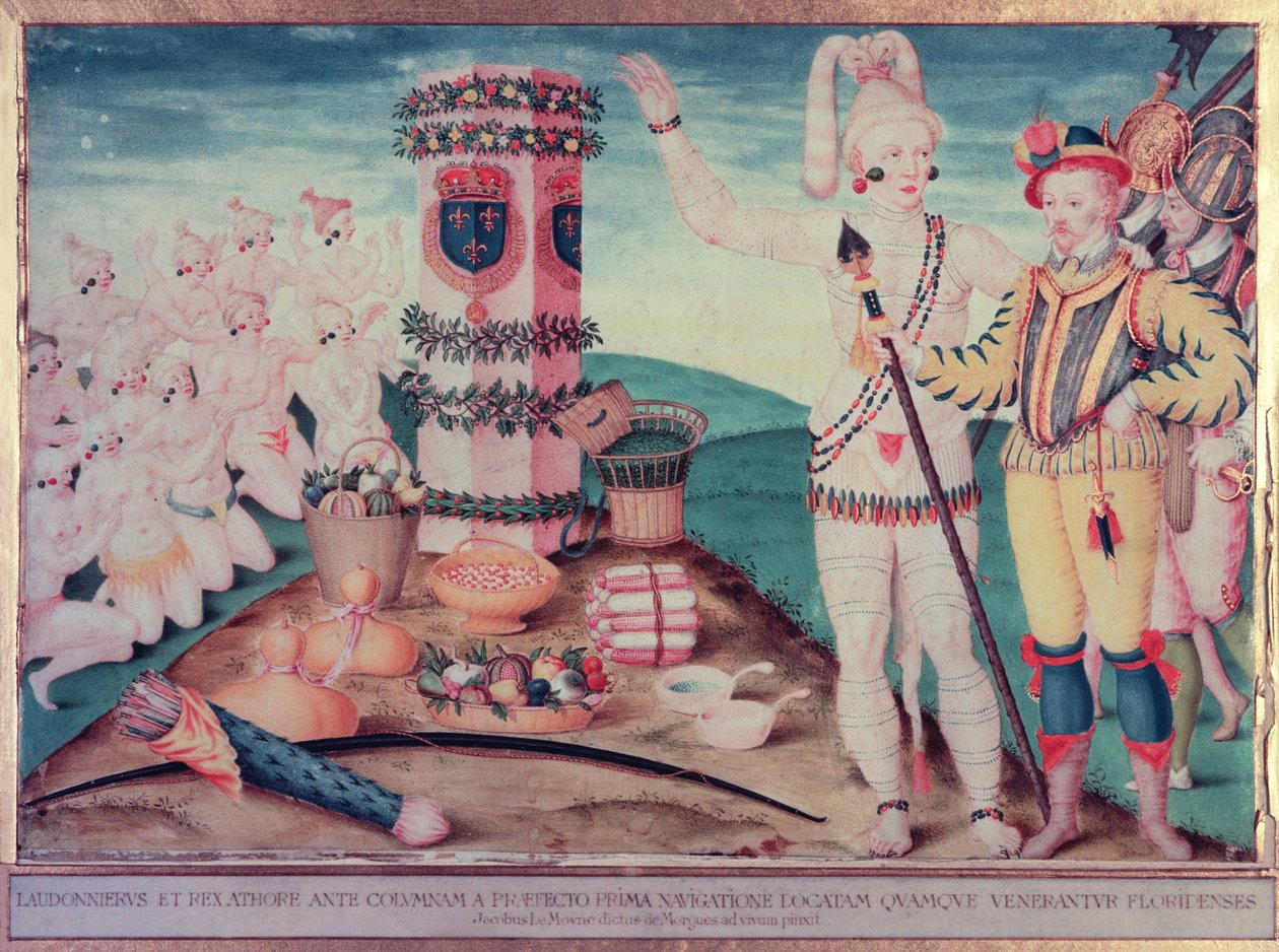 Rene Goulaine de Laudonniere and Chief Athore in front of Ribault