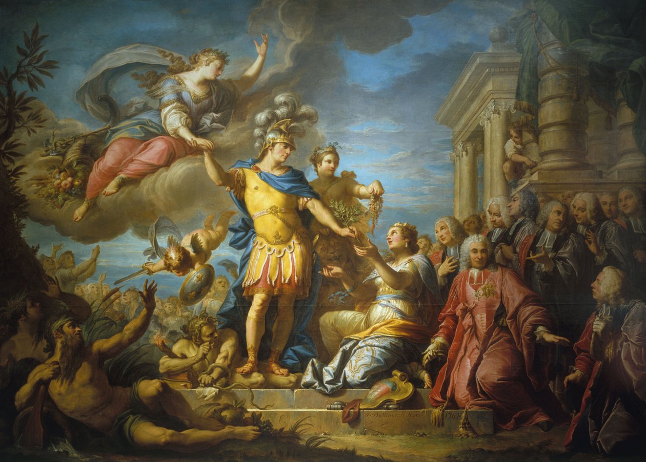 Allegory in honor of the publication of the Peace of Aix-la-Chapelle, February 13 by Jacques (1701 81) Dumont