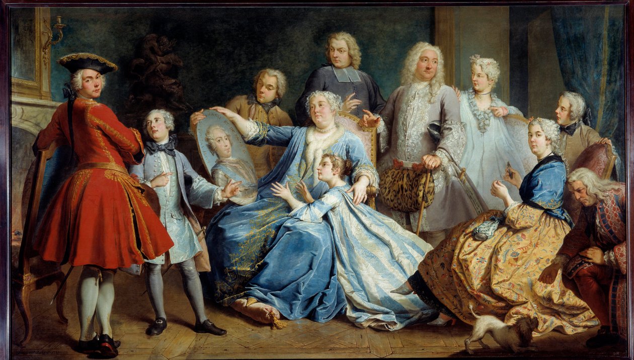 Portrait of Madame Mercier, nurse of Louis XV, surrounded by her family by Jacques  Dumont