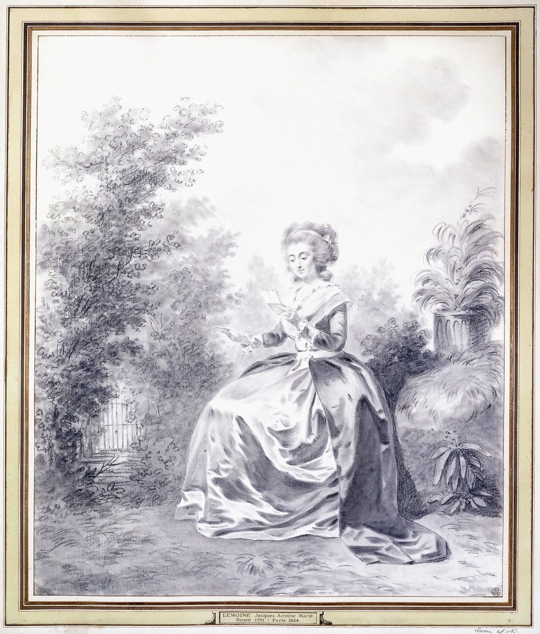 Portrait of Elisabeth Louise Vigee-Lebrun Reading a Letter Seated in the Garden by Jacques Antoine Marie Lemoine