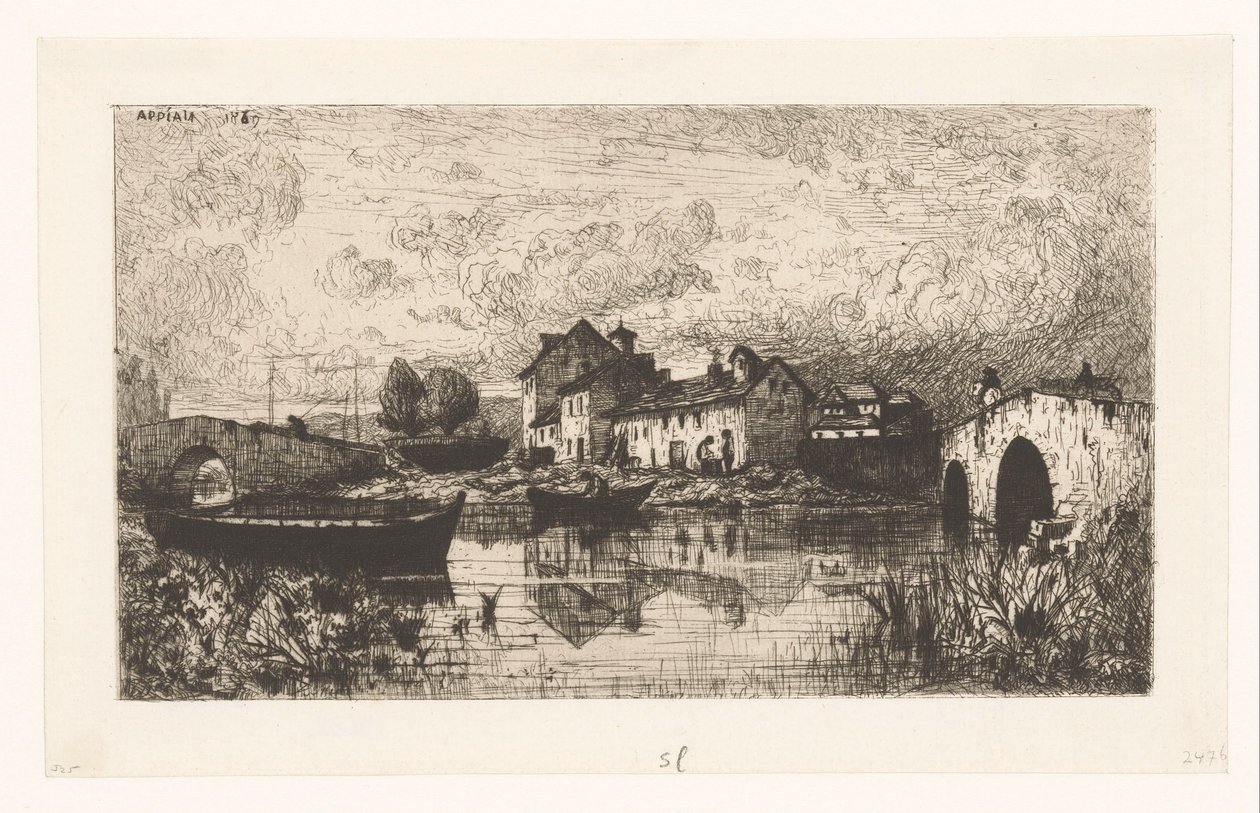 View of a Village by the Water with Bridges on Both Sides by Jacques Barthélemy Appian (Adolphe)