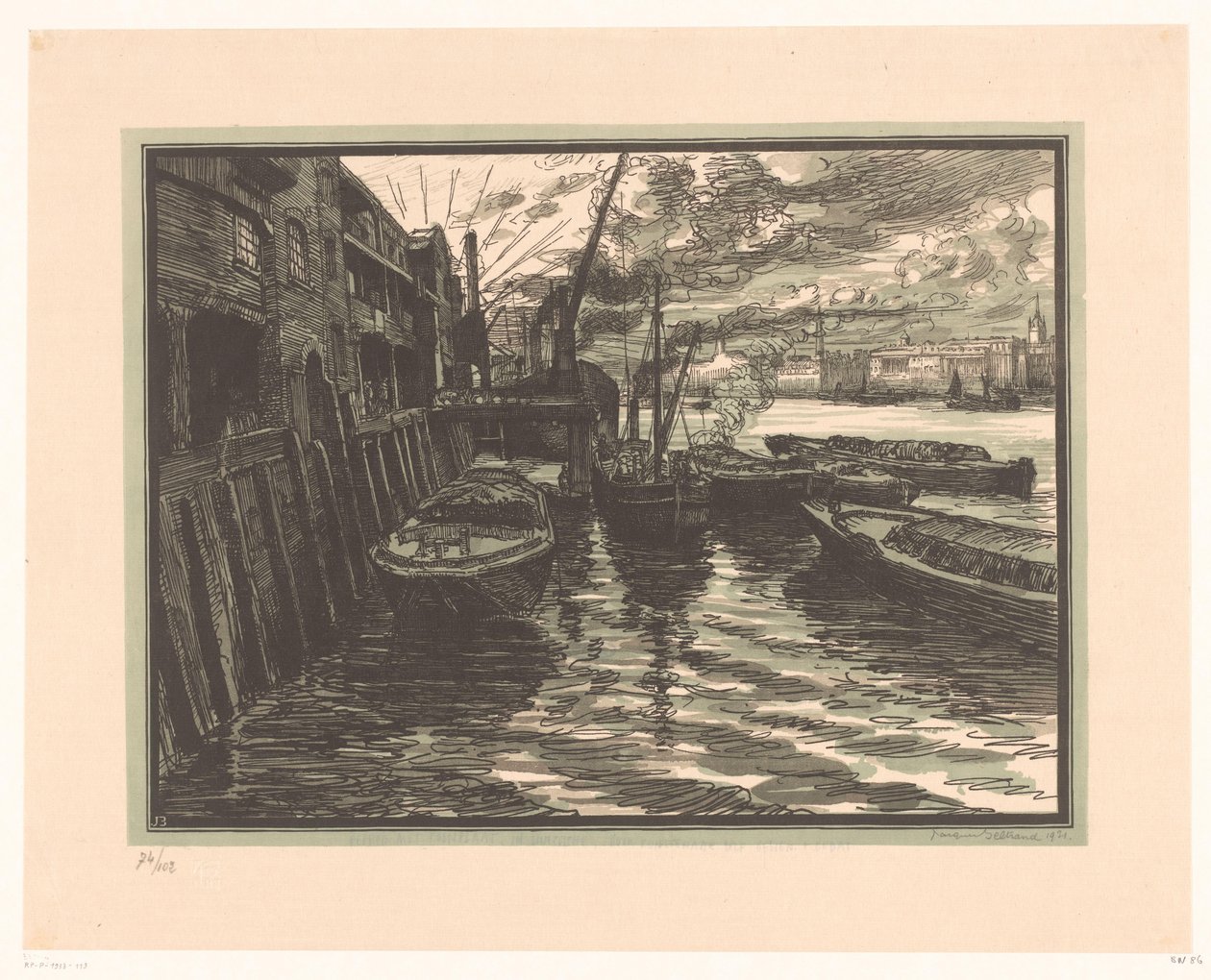 Boats on the Thames in London by Jacques Beltrand (signed by artist)