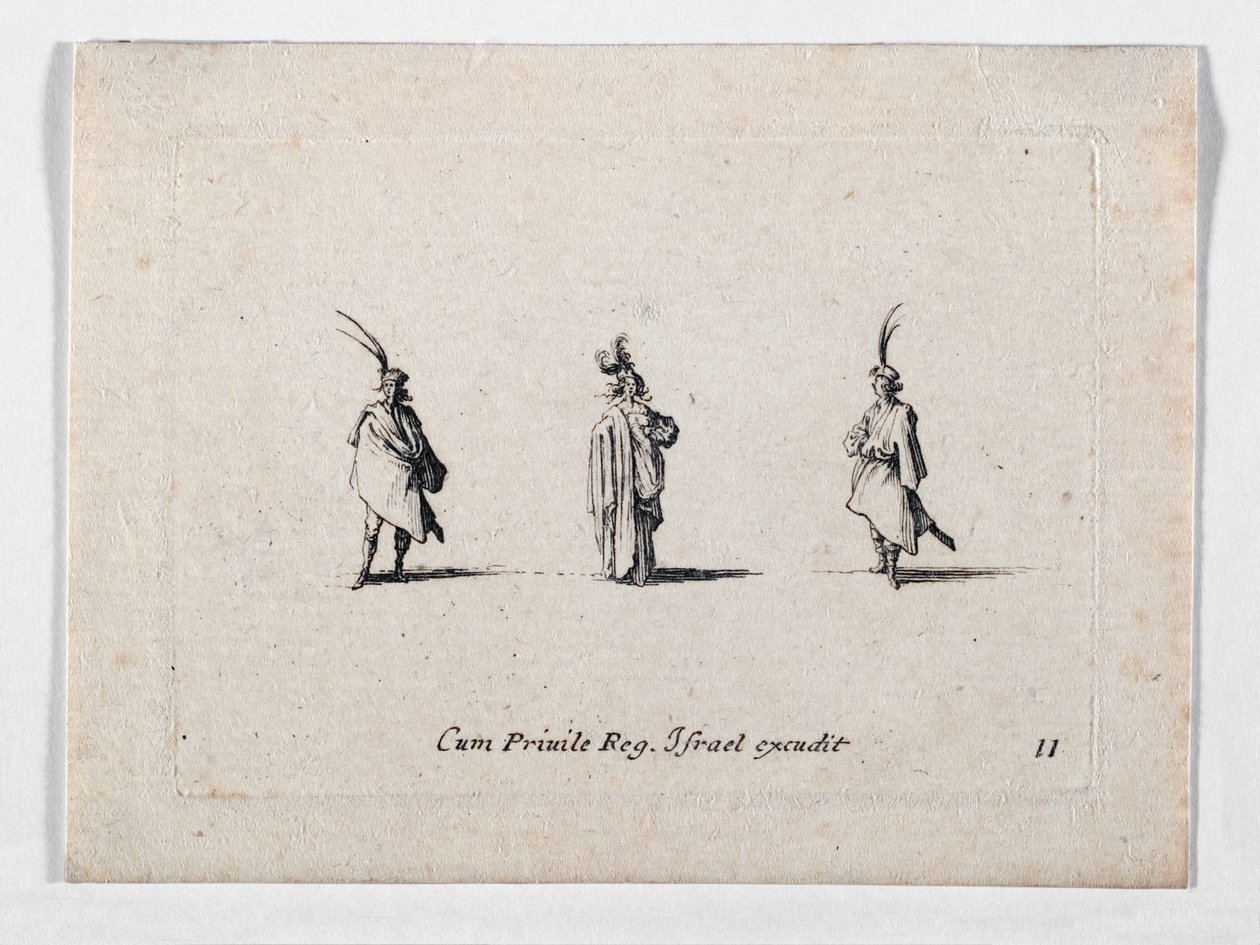 A Lady with a Long Coat and Two Cavaliers (engraving) by Jacques Callot