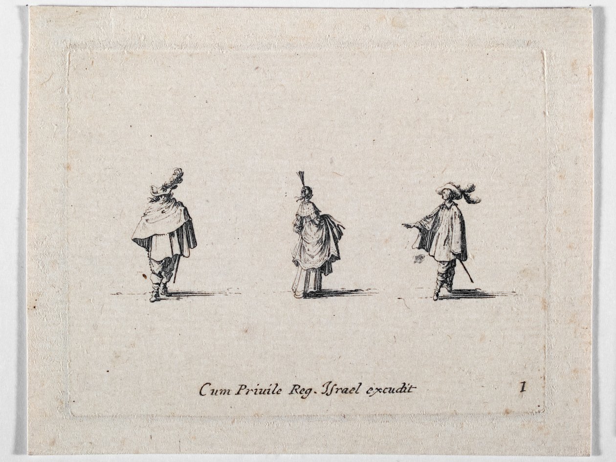 A Lady with Gathered-Up Skirt and Two Cavaliers by Jacques Callot