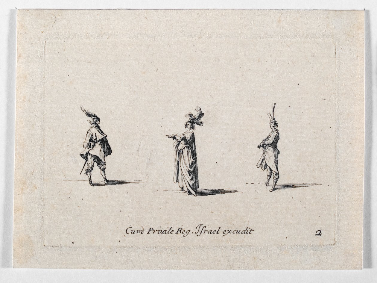 A Lady with Plumed Hat and Two Cavaliers by Jacques Callot