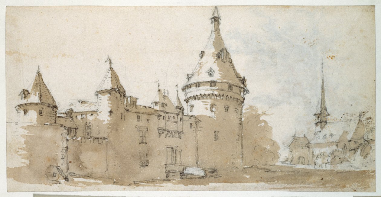 A turreted chateau and a church by Jacques Callot