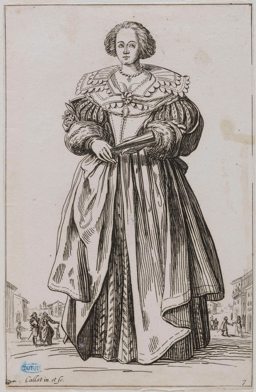 The Nobility, The Lady with the Fan. Ninth number of a suite of 12 pieces (Lieure 557, Meaune 683) by Jacques Callot