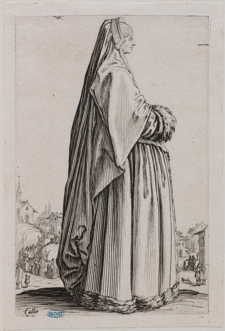 The Nobility, The Lady with a Large Veil and Fur-Trimmed Dress. Fifth Number of a Suite of 12 Pieces (Lieure 553, Meaume 679) by Jacques Callot