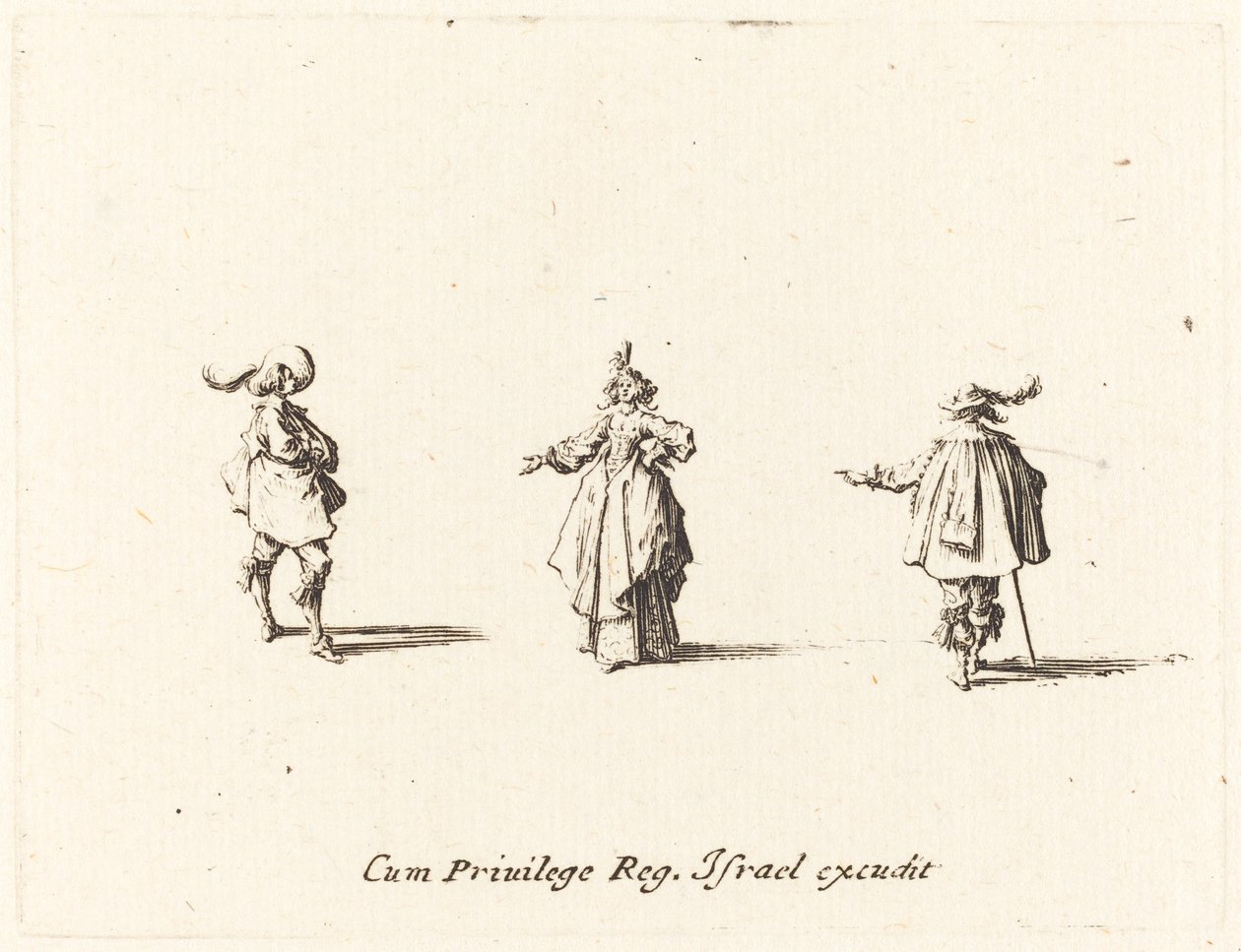 Lady with Outstretched Arm, and Two Gentlemen by Jacques Callot