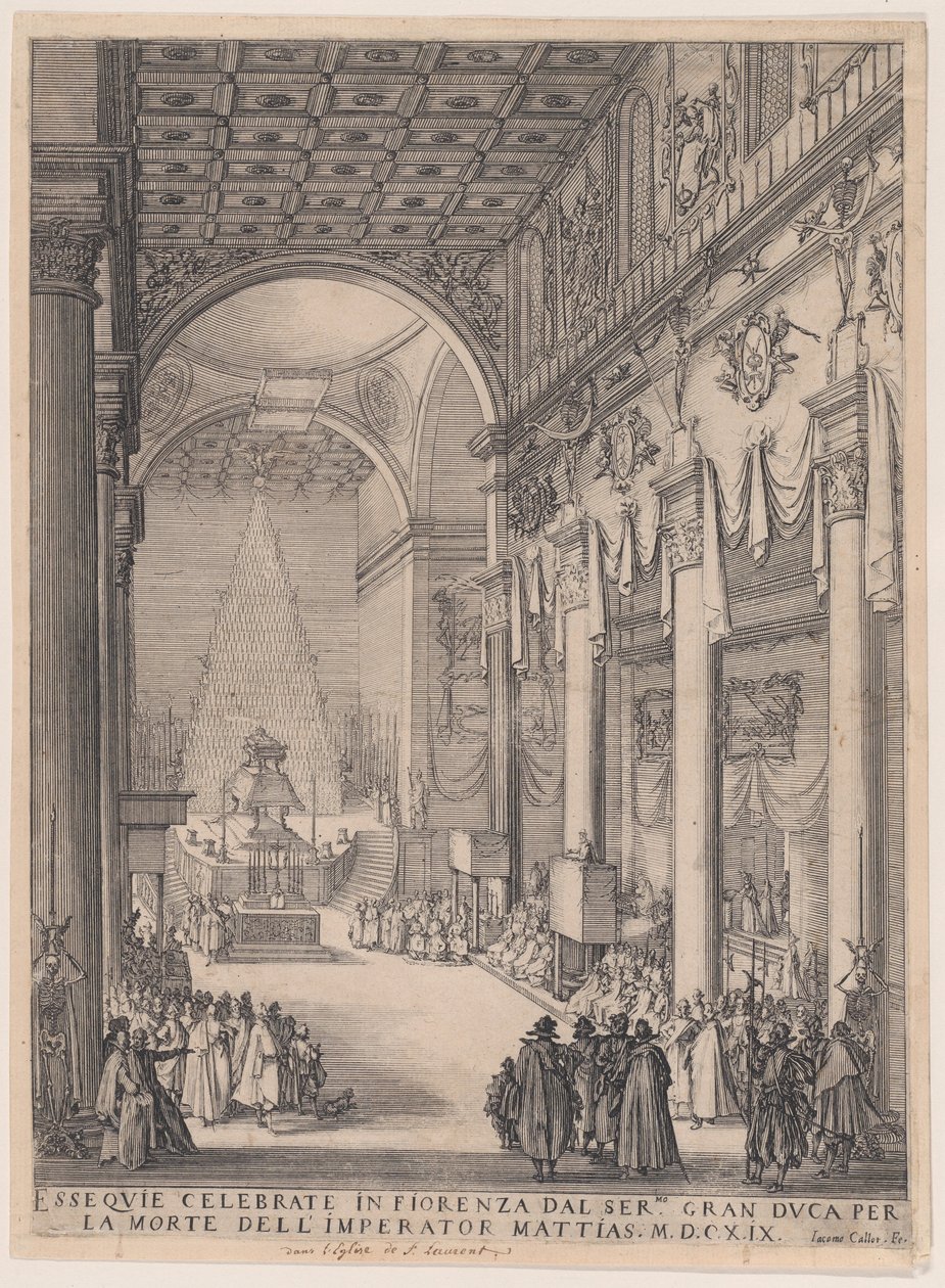 The Catafalque of the Emperor Matthais, also called The Small Preacher, The Funerary Chapel of Florence, Requiem of The Emperor Matthais by Jacques Callot