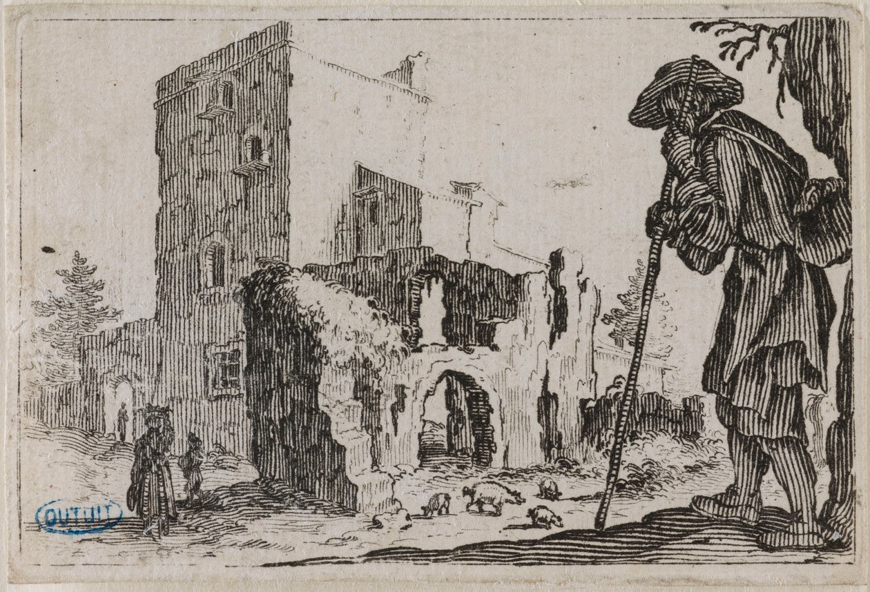 The Caprices, The Shepherd and the Ruins. Fifth number in the series of 50 prints engraved in Nancy (Lieure 432, Meaume 777) by Jacques Callot