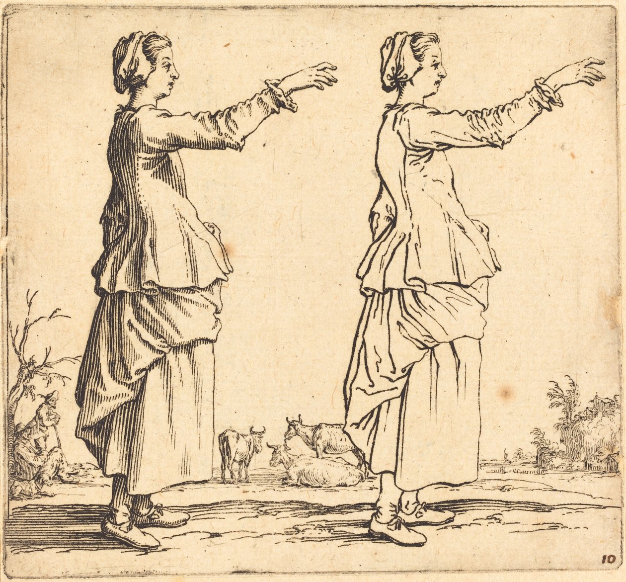 Peasant Woman, in Profile, Facing Right, with Arm Extended, 1617 and 1621 by Jacques Callot
