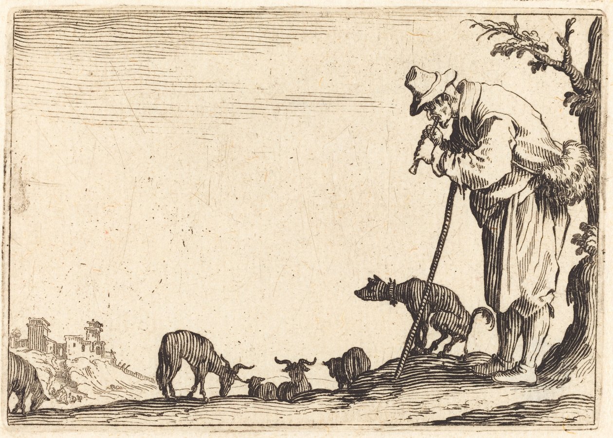 Shepherd Playing Flute by Jacques Callot