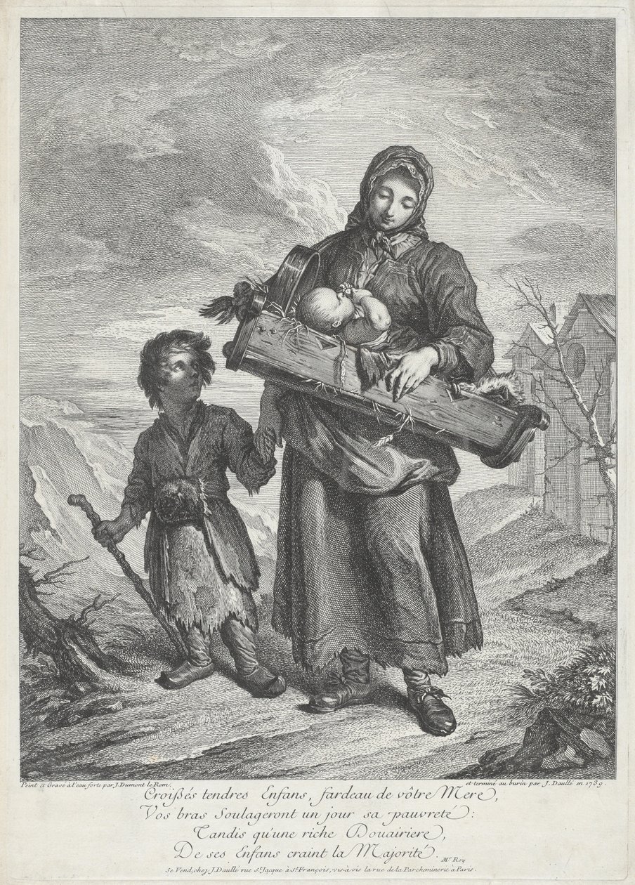 A Young Mother Carrying a Crib by Jacques Dumont Le Romain, finished by Jean Daullé