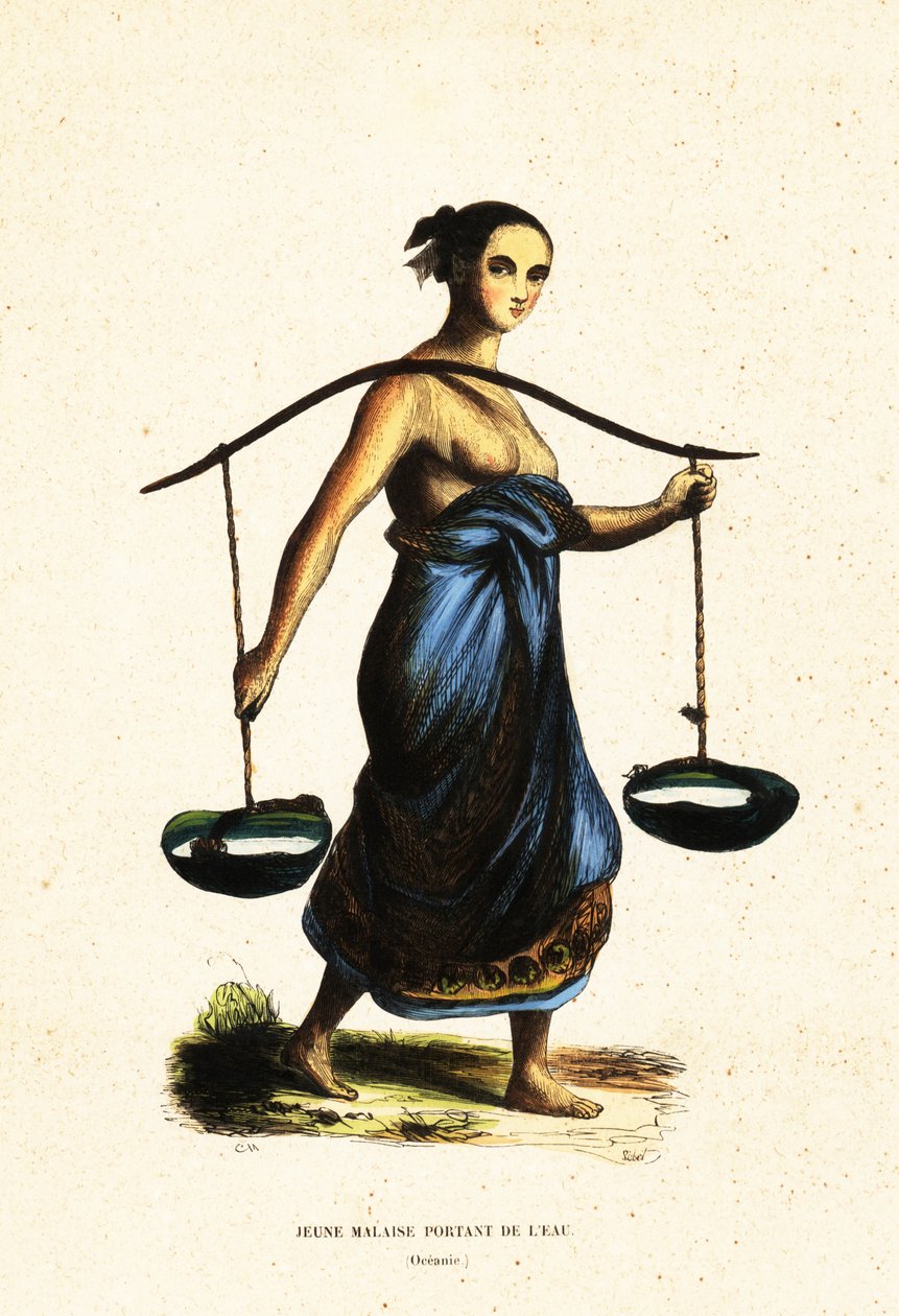 Young Malay Woman Carrying Pales of Water with a Yoke by Jacques Etienne Victor (after) Arago