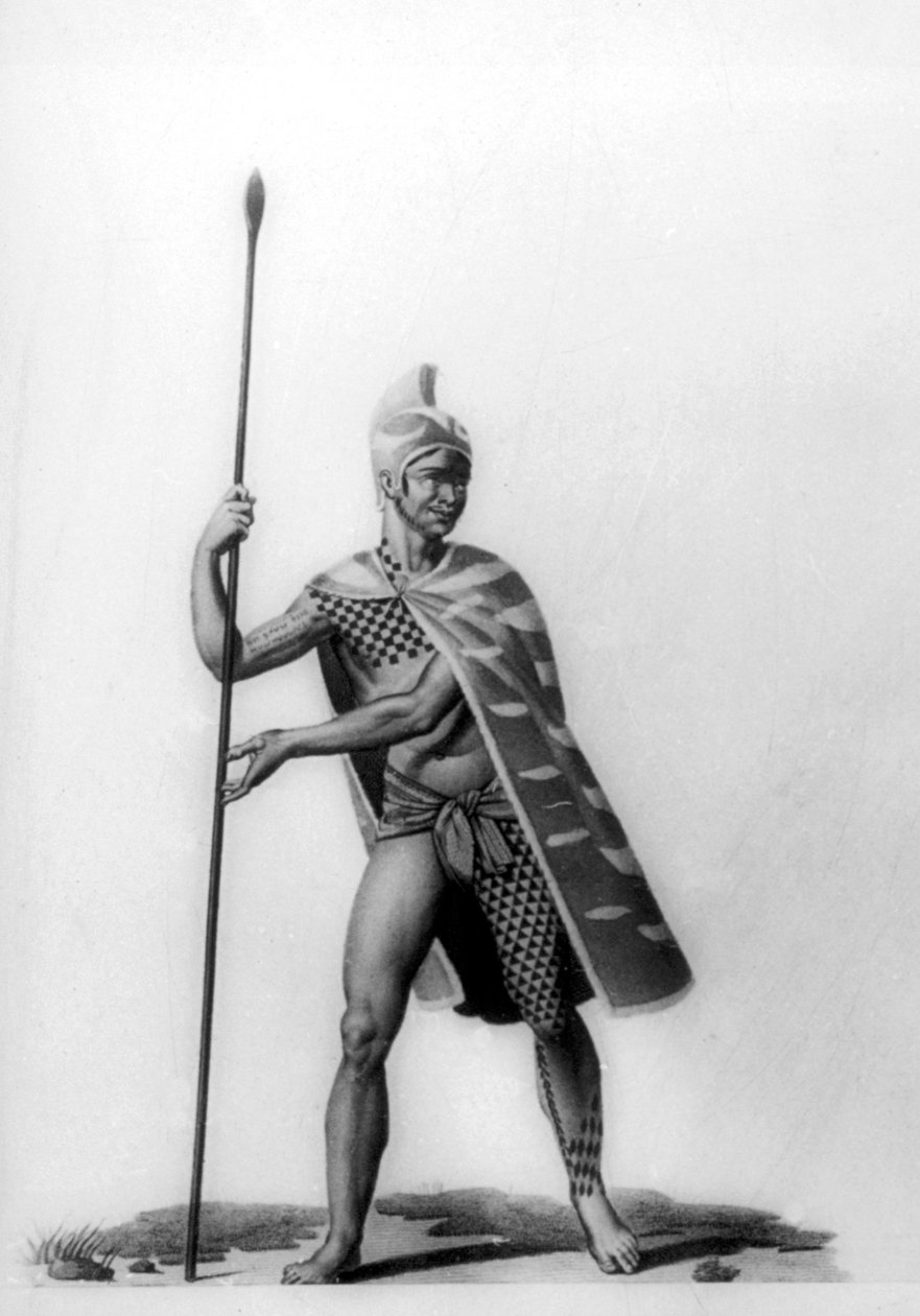 Young officer wearing a typical costume of malo, Hawaii, 1819 by Jacques Etienne Victor Arago