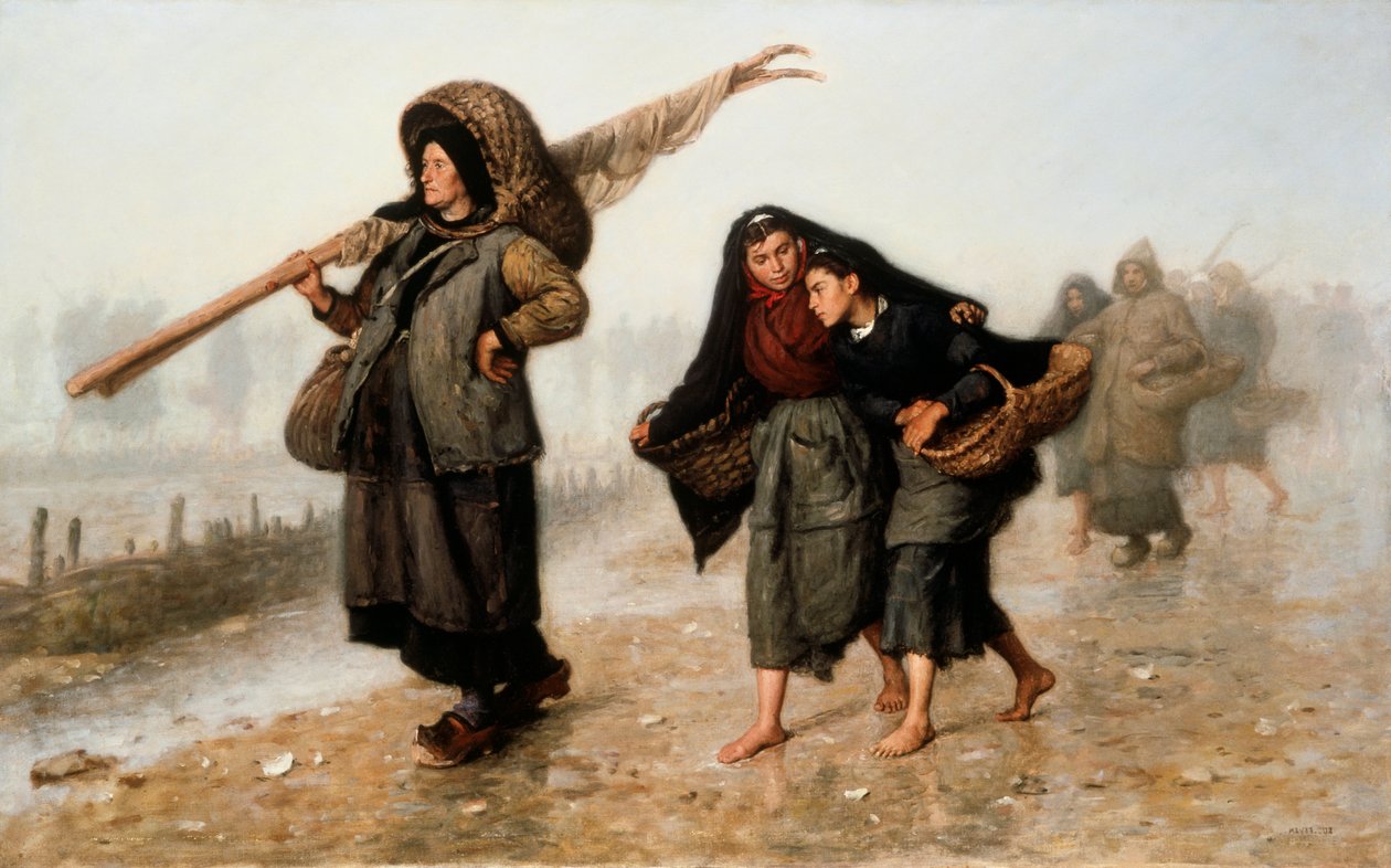 The Shell Gatherers. Peasants, Barefoot or Wearing Clogs, Returning with Their Baskets Filled with Shells and Protecting Themselves from the Rain. Painting by Jacques Eugene Feyen. Private Collection. by Jacques Eugene Feyen
