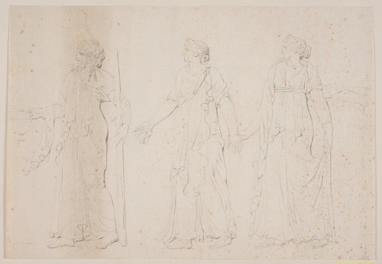 Offering (?) Three Figures in Greek Garments. In Front, a Man Carrying an Amphora and a Staff or Torch, Followed by Two Women by Jacques Francois Joseph Saly