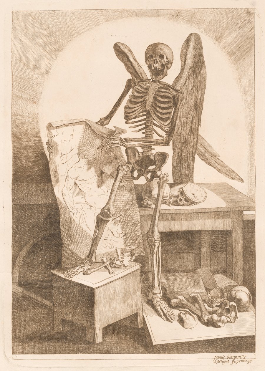 A Winged Skeleton Holding an Anatomical Drawing by Jacques Gamelin