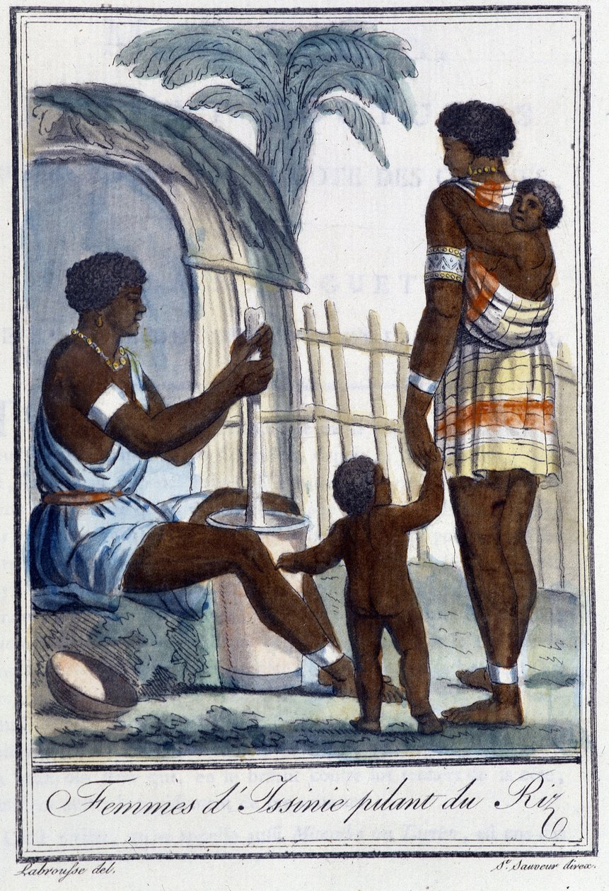 Women of Issinie pounding rice - in Encyclopedia of Travels by Grasset St Sauveur, ed. 1796 by Jacques Grasset de Saint-Sauveur