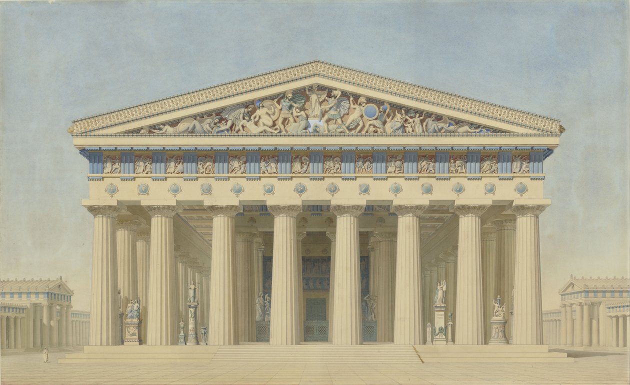 Temple T at Selinunte (Sicily), Restored Elevation of the Main Facade by Jacques Ignace Hittorff