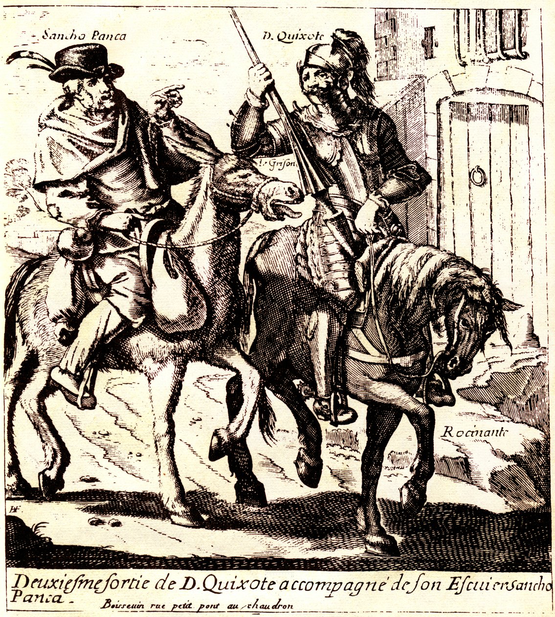 Don Quixote on Rossinante, Accompanied by Sancho Panza on His Donkey Grison, c. 1640 (illustration) by Jacques Lagniet