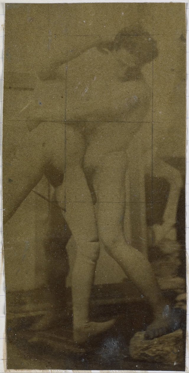 Study of a male nude model, standing and wrestling with mannequin, in the studio of Jacques de Lalaing, possibly preliminary study for the painting The Wrestlers by Jacques Lalaing (attributed to)