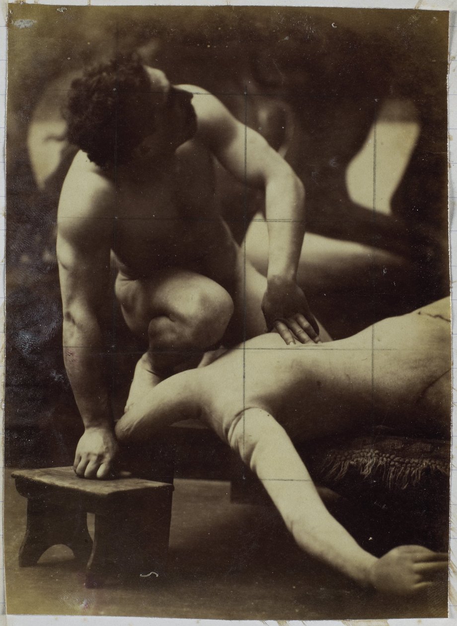 Study of a male nude model, wrestling with mannequin, in the studio of Jacques de Lalaing by Jacques Lalaing (attributed to)