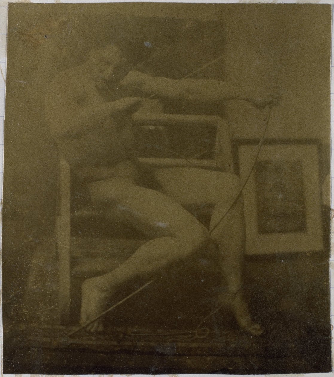 Study of a Male Nude Model, Sitting on a Step, Seen from the Front with Rope and Bow on Lap, in the Studio of Jacques de Lalaing by Jacques Lalaing (attributed to)