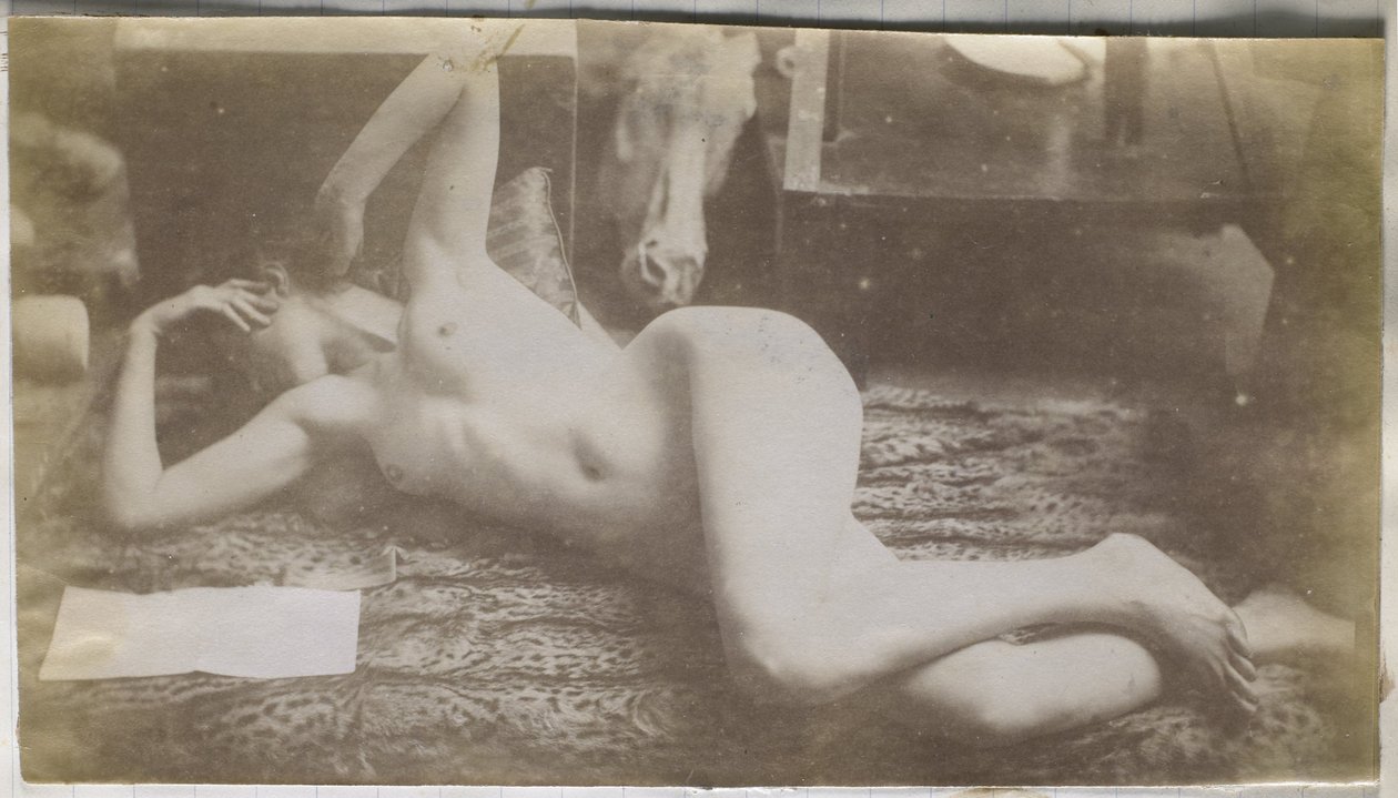 Study of a Female Nude Model, Lying on a Tiger Skin, in the Studio of Jacques de Lalaing by Jacques Lalaing (attributed to)