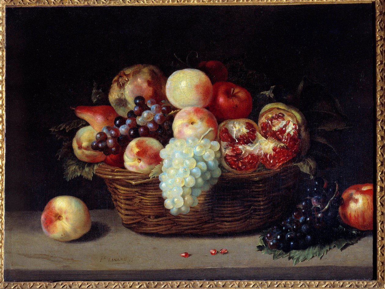 Basket of grenades, peaches and grapes by Jacques Linard