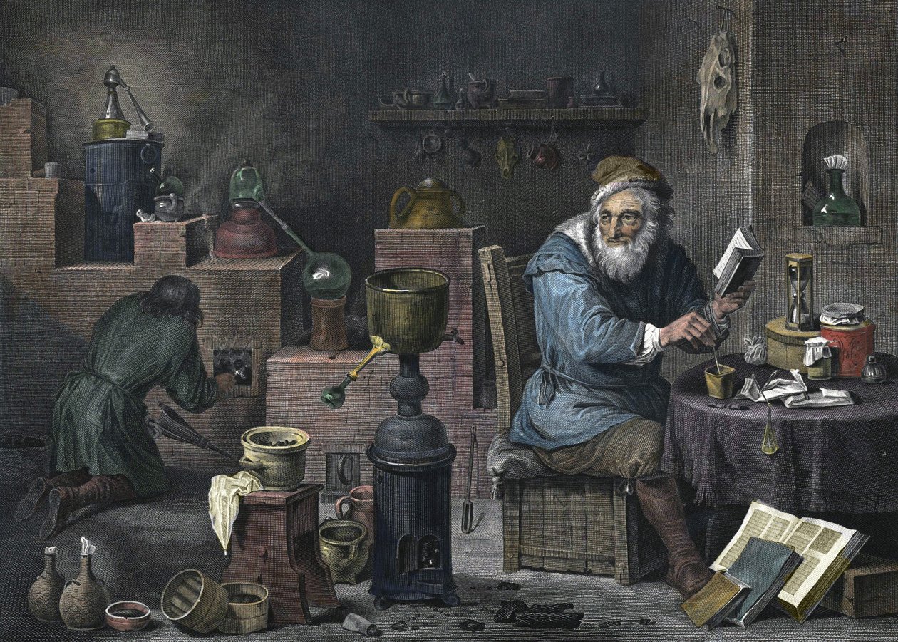 The alchemist. Engraving by Jacques-Louis Pérée. 17th century. by Jacques Louis Perée