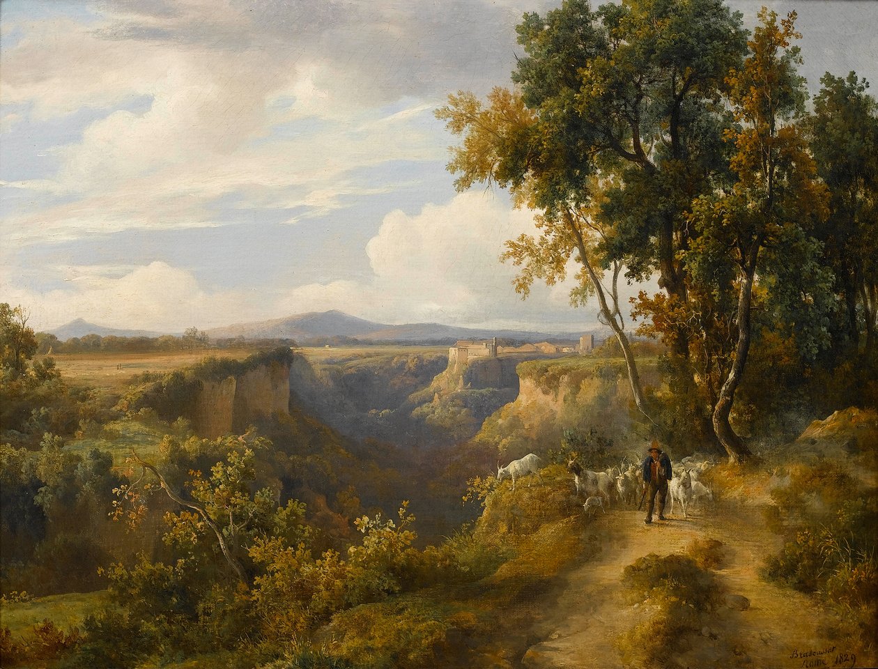 A Goatherder and His Flock in an Italianate Landscape, Possibly Faleria by Jacques Raymond Brascassat