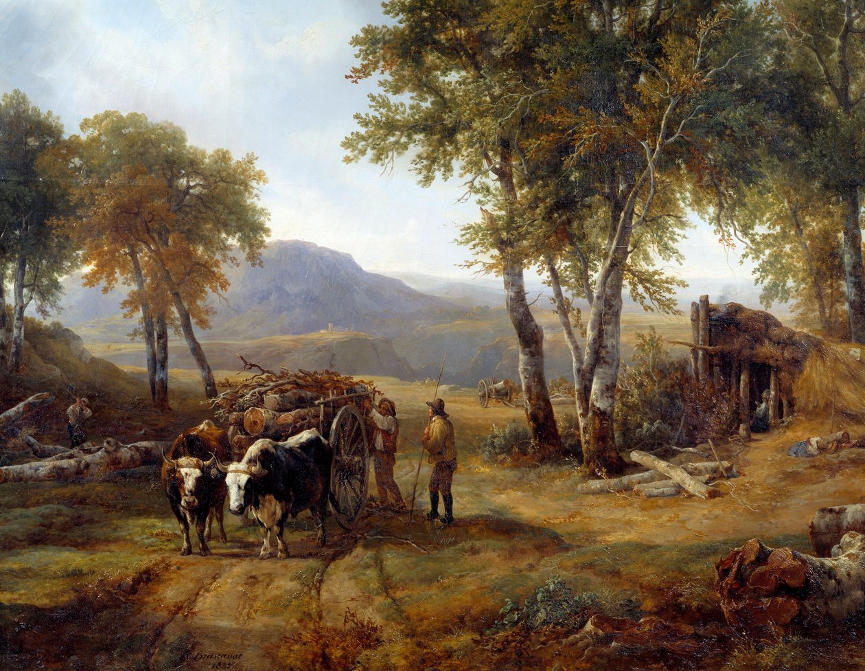 The loggers in the forest (detail). Painting by Raymond Brascassat (1804-1867) by Jacques Raymond Brascassat