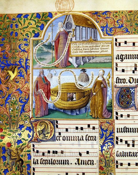 Miniatures depicting an allegorical representation of the Church and below this Moses holding the tablets of the Law with Noah