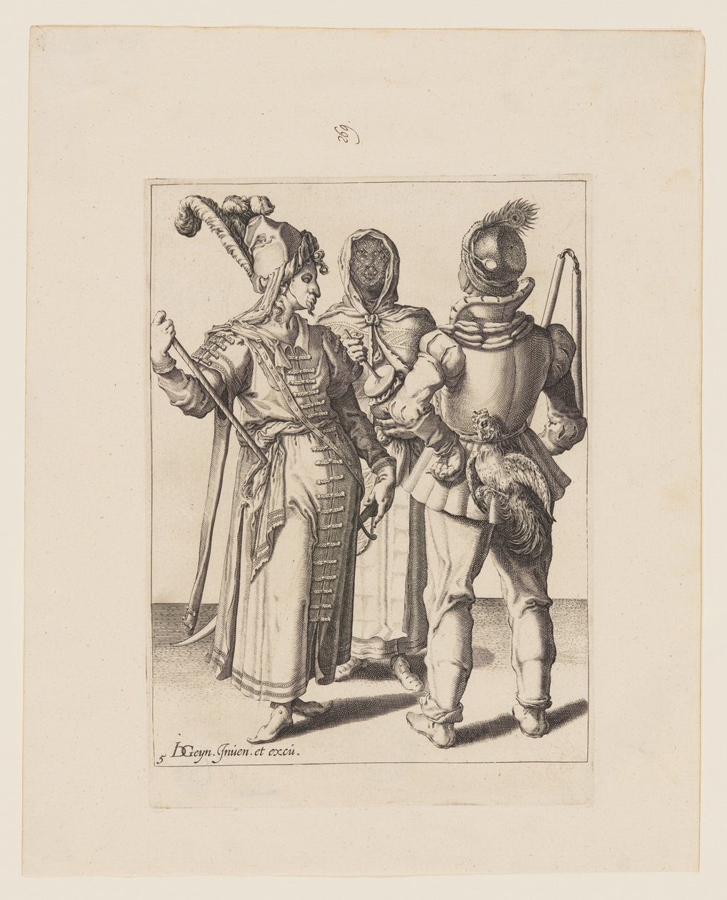 A Grandee in Eastern Dress, a Man with a Cock Attached to His Belt and a Veiled Woman Playing the Rumbling-Pot, from The Masquerades by Jacques de Gheyn II