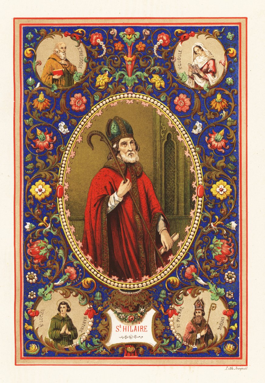 Portrait of Saint Hilary, Bishop of Poitiers, with Mitre and Crook, within Decorative Border of Foliage by Jacquet Jacquet
