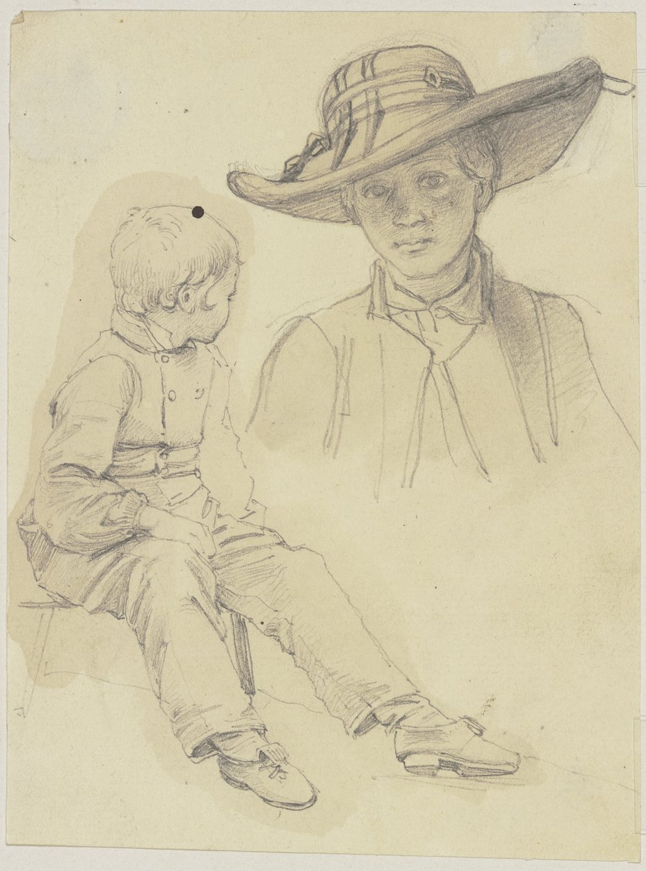 Study Sheet: Seated Boy in Lost Profile and Bust of a Young Woman with Hat by Jakob Becker
