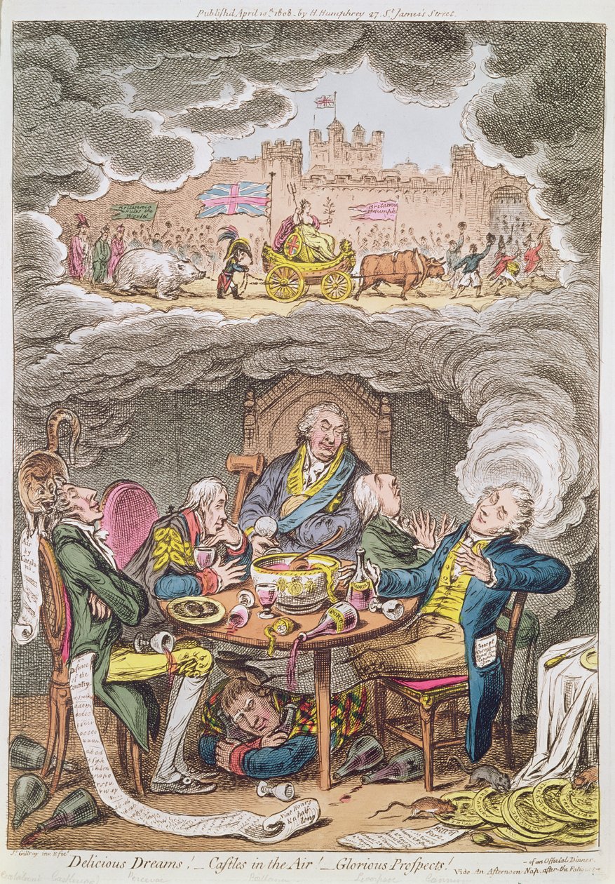 Delicious Dreams! Castles in the Air! Glorious Prospects! An Afternoon Nap after the Fatigue of an Official Dinner, cartoon depicting Lord Portland and his ministers by James Gillray