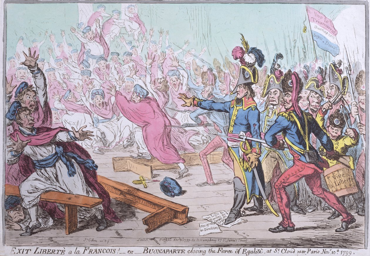 Exit Liberte a la Francois! or Buonaparte Closing the Farce of Egalite at St. Cloud Near Paris, Published by Hannah Humphrey in 1799 by James Gillray