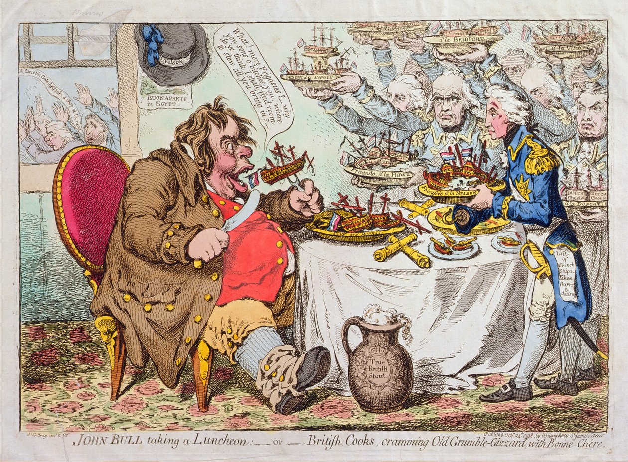 John Bull Taking a Luncheon, or British Cooks, cramming Old Grumble-Gizzard with Bonne-Chere, published by Hannah Humphrey by James Gillray