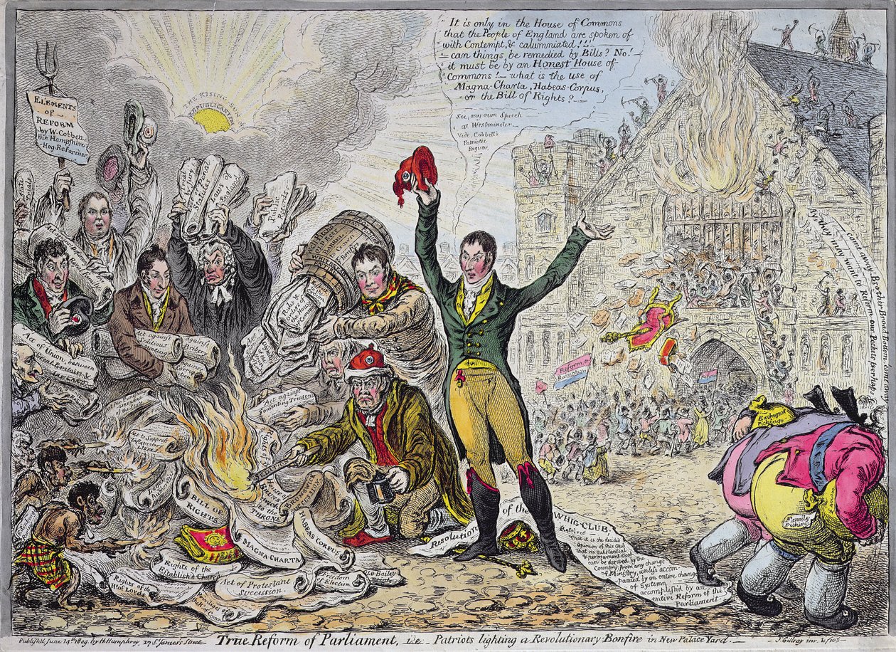 True Reform of Parliament, i.e. Patriots lighting a Revolutionary Bonfire in New Palace Yard, published by Hannah Humphrey in 1809 by James Gillray
